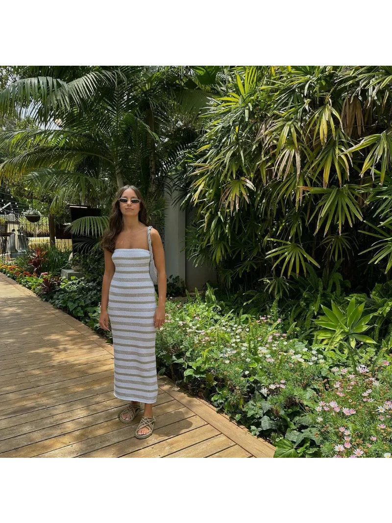 Backless Contrast For Women Dress Slim Holiday Beach Striped High Waist Off-Shoulder Maxi Dress Skinny Casual Long Dress