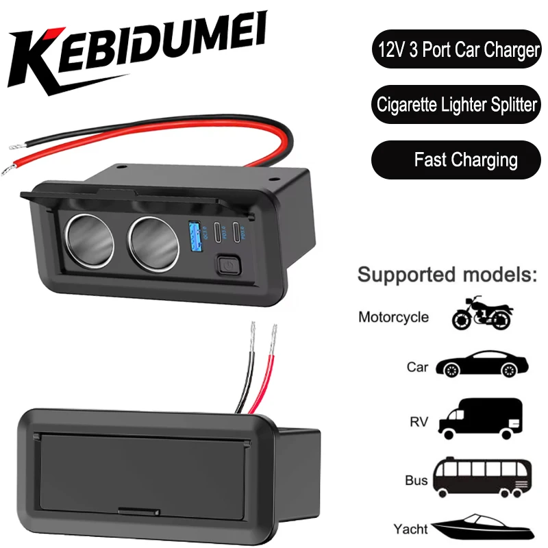 NEW 12V QC3.0 & Dual PD3.0 Car Charger Power Adapter Outlet Cigarette Lighter Multi Socket with Switch for Car Marine RV