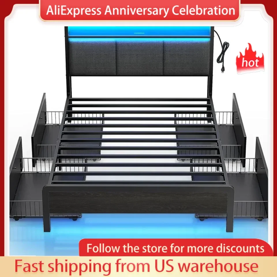 Twin Bed Frame with Storage and LED Lights