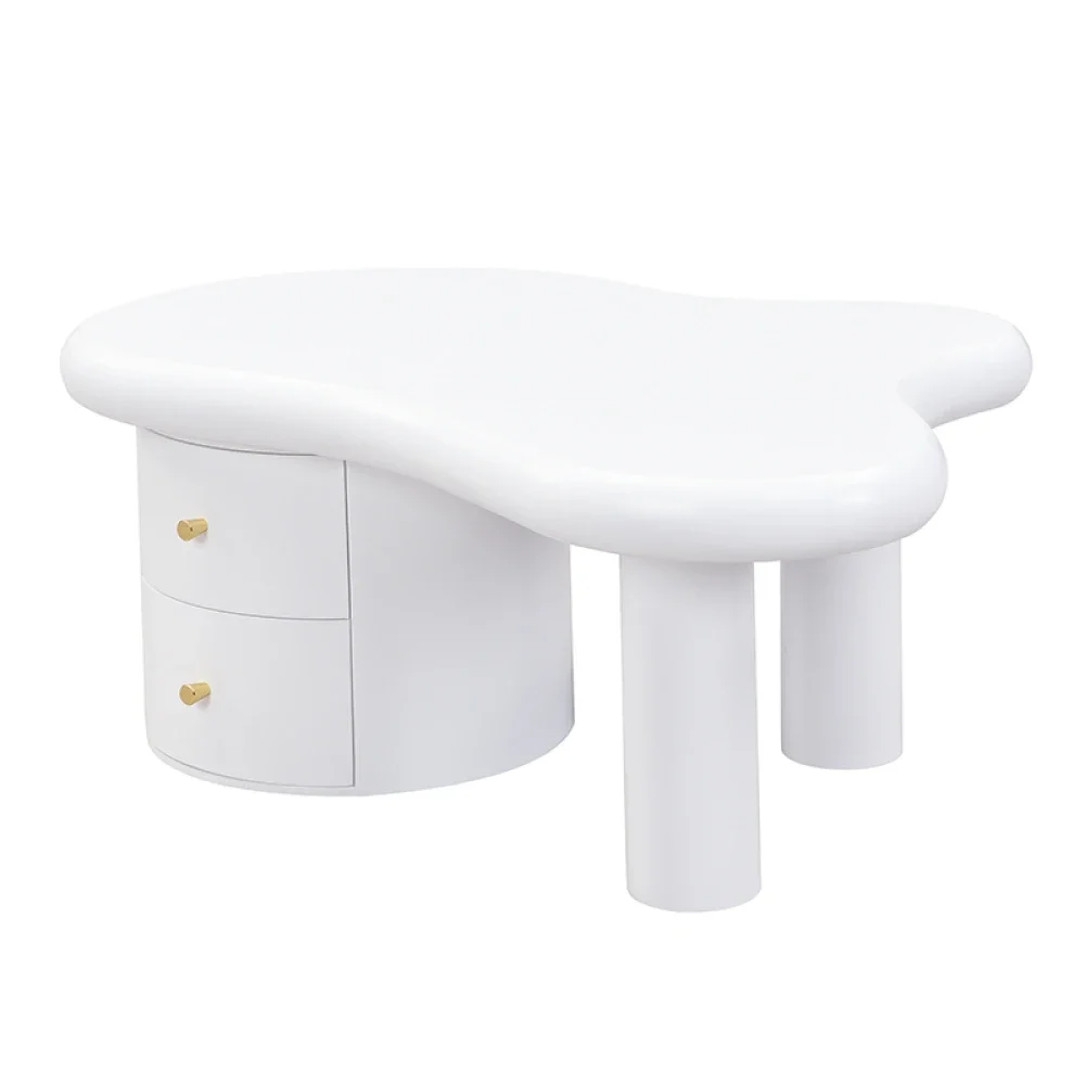 Moderner, weißer, unregelmäßig geformter Couchtisch mit 2 integrierten Schubladen – platzsparende und stilvolle, elegante Wohnmöbel für den täglichen Gebrauch – Detail 9