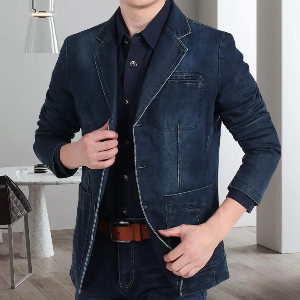 Men Denim Suit Jacket Oversized Cotton Vintage Slim Fit Pockets