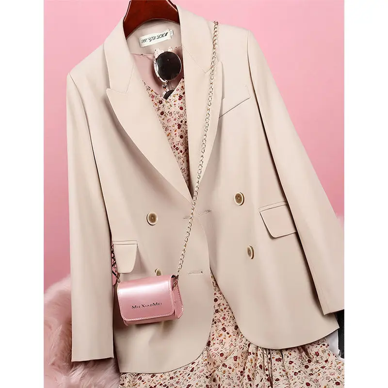 Short small suit jacket female 2023 Spring and autumn net red casual fashion loose double breasted small suit female top