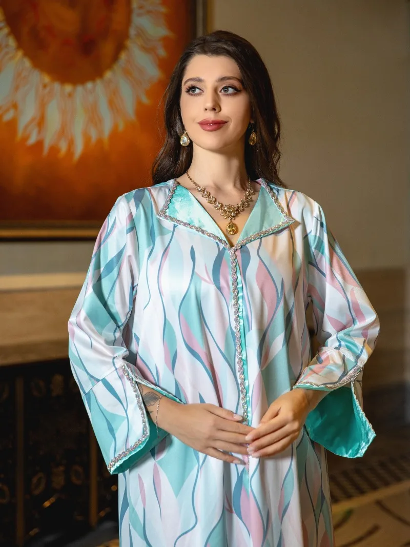 Eid Jalabiya Long Dress Diamond Muslim Abaya Party Dress for Women Arab Caftan Abayas Long Sleeve Robe Woman Ramadan Vestidos