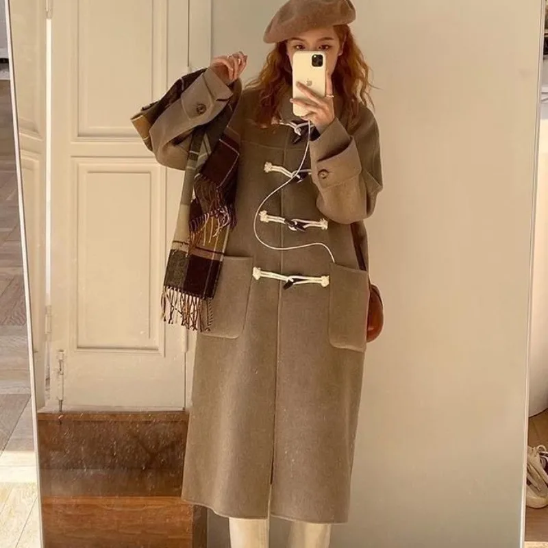 2023 New Women Fashion Casual Woolen Coat Student Korean Version Loose Slim Cow Horn Button Mid Length Woolen Female Outwear