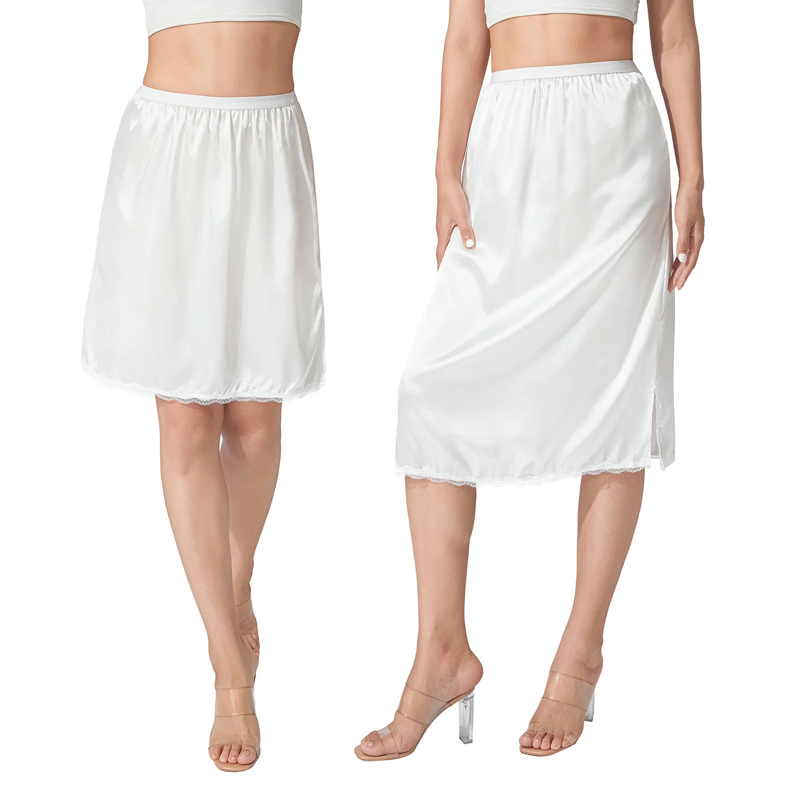 Jupe Midi Femme Satin Dentelle - Taille élastique, 75 Cm, Noir, Style Rétro, Neuf Avec étiquettes