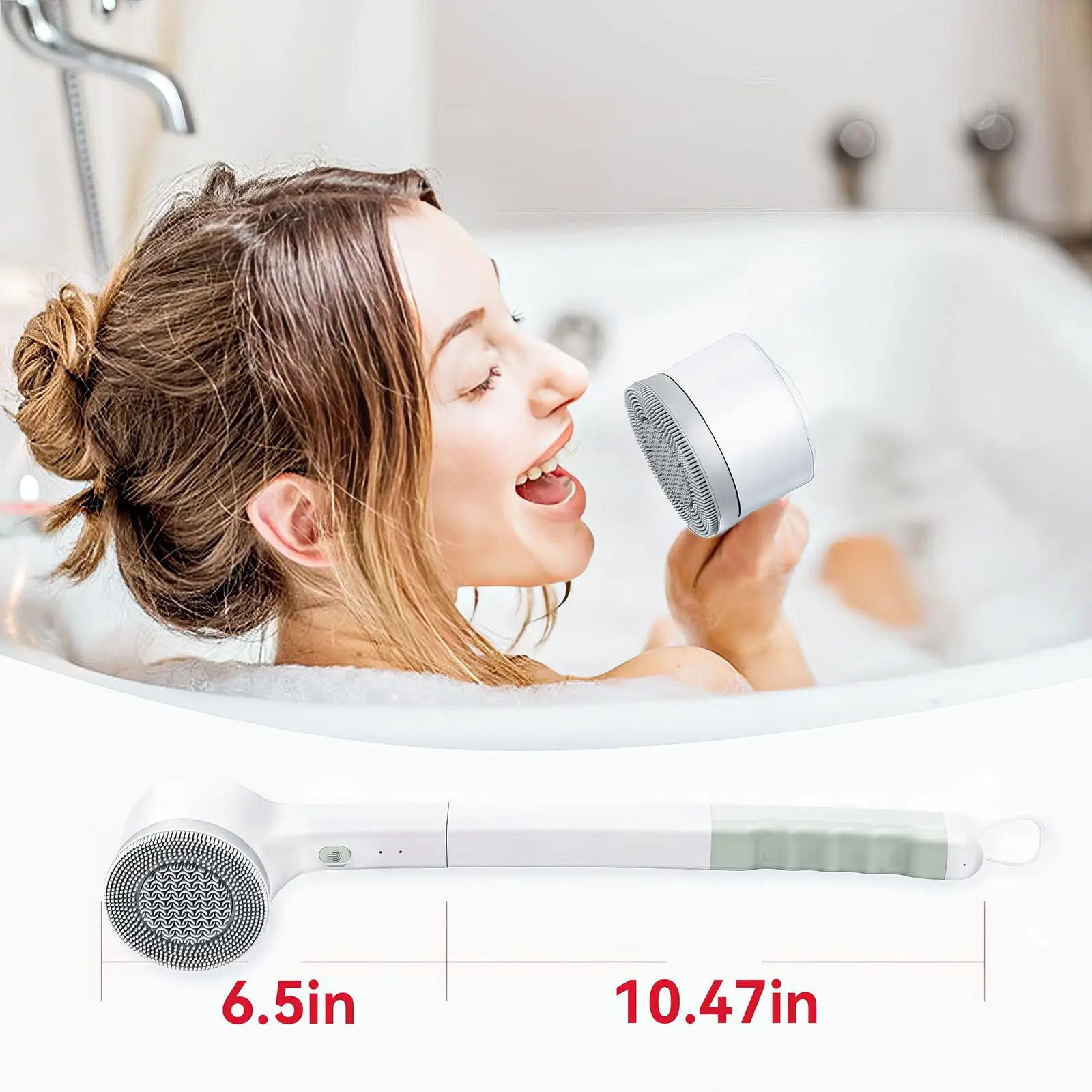 Electric Body Brush Rechargeable Silicone Scrubber Back Brush with Long Handle and 3 Spin Heads Suitable