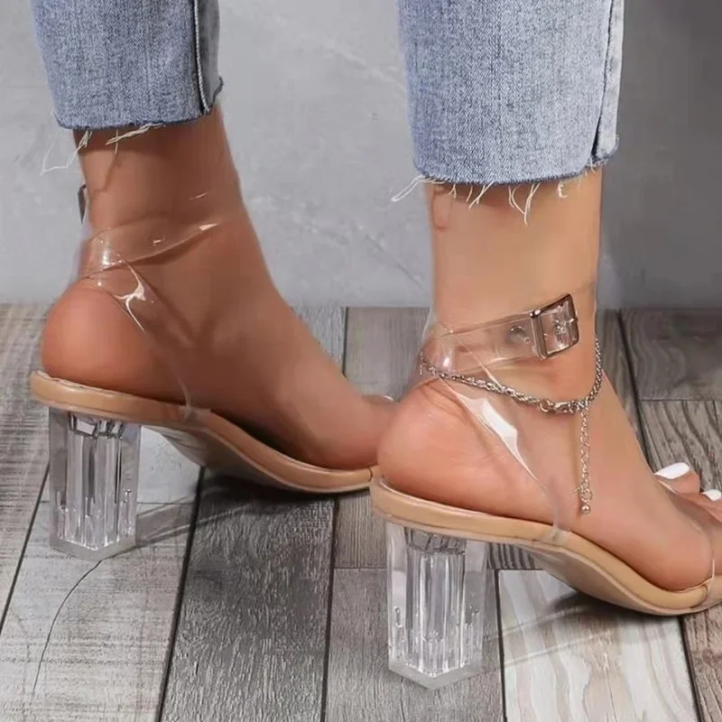 Open Toe Buckle Strap Sandals women sandals women high heels Roman Square Heel High Heels Sandals Women Summer Shoes Fashion PVC Wedge Ladies Pumps