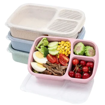 Boîte à déjeuner Bento à 3 compartiments, paille de blé, préparation des repas, conteneurs de stockage des aliments en plastique, 1 paquet 1