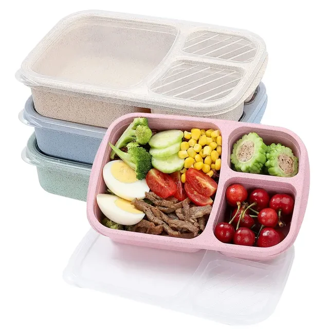 Boîte à déjeuner Bento à 3 compartiments, paille de blé, préparation des repas, conteneurs de stockage des aliments en plastique, 1 paquet 1
