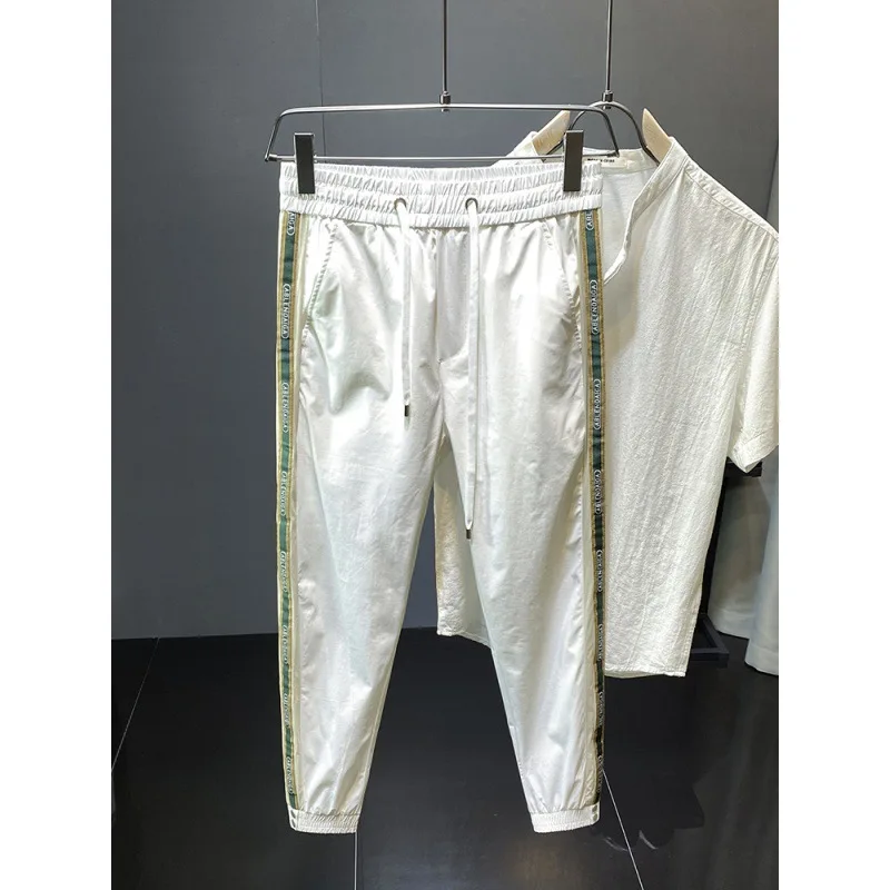 2024 Summer Ultra Thin Ice Silk Side Stripe Tie Feet Casual Pants For Men'S Fashion Brand Slim Fit Drawstring Nine Point Sports