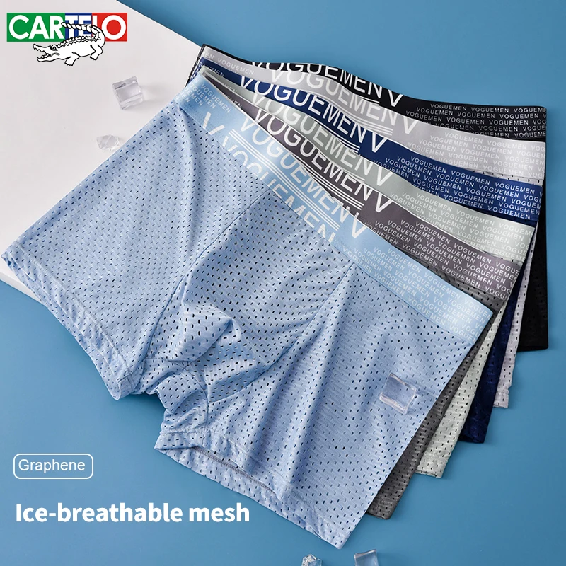 Cartelo Ice Silk Men Underwear 3A Grade Graphene Antibacterial Boxer Solid Underpants Dry Breathable Cool 4pcs Male Panties