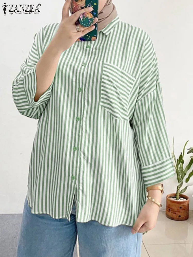 

ZANZEA Fashion Women Lapel Neck Long Sleeve Striped Shirt Vintage Dubai Turkey Muslim Tops Blusas Autumn Casual Work OL Blouse