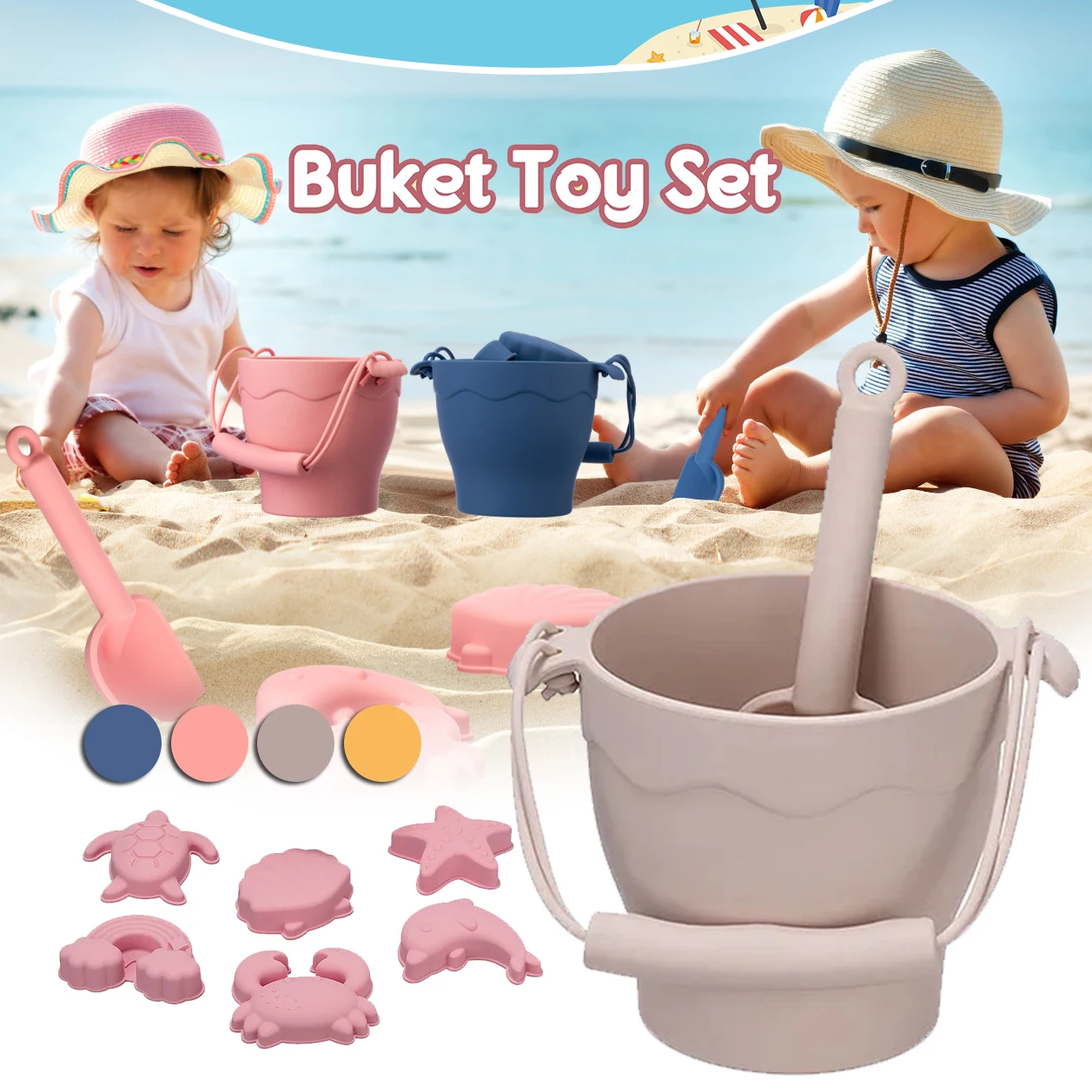 8pcs Beach Toys BPA Free Food-Grade Silicone Fun Summer Outdoor Toys For Kids With Bucket 4 Color Sand Set 2