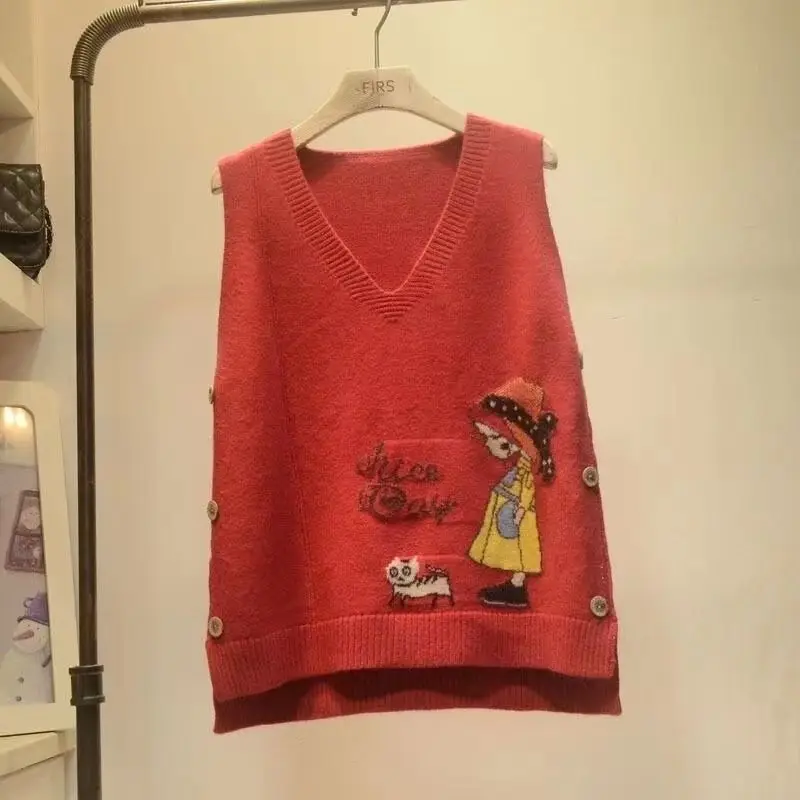 2024 Spring and Autumn New Age Reducing Cartoon Knitted Vest Women's Academy Style Knitted Sweater Vest