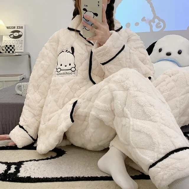 Sanrio Kawaii Coral Fleece Thicker Cardigan Pajama Pochacco Blue Cute Girl Cartoon Anim Suitse Students Autumn Winter Home Wear