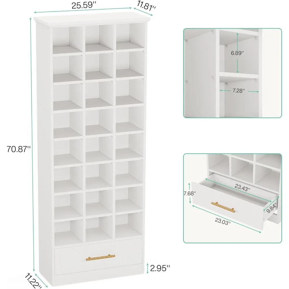 9-Tier Shoe Storage Cabinet, Freestanding Shoes Storage Cabinet with 24 Cubbies and Drawer, 71-Inch Tall Wooden Shoe Rack