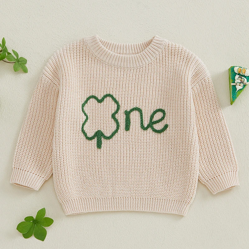 Infant Baby Boy Girl 1st Birthday Sweaters Fall Winter Clover Letter Embroidery Long Sleeve Crew Neck Pullovers Irish Clothes