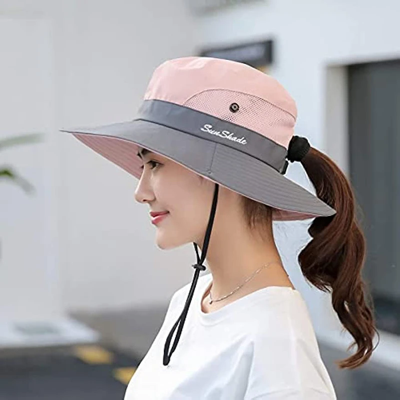 Women's Ponytail Safari Sun Hat,Wide Brim UV Protection Outdoor Bucket Hat,Foldable Beach Summer Fishing Hat