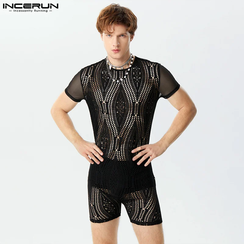 INCERUN American Style Men's O-neck Rompers Fashion See-through Lace Patchwork Jumpsuits Sexy Short Sleeved Bodysuits S-3XL