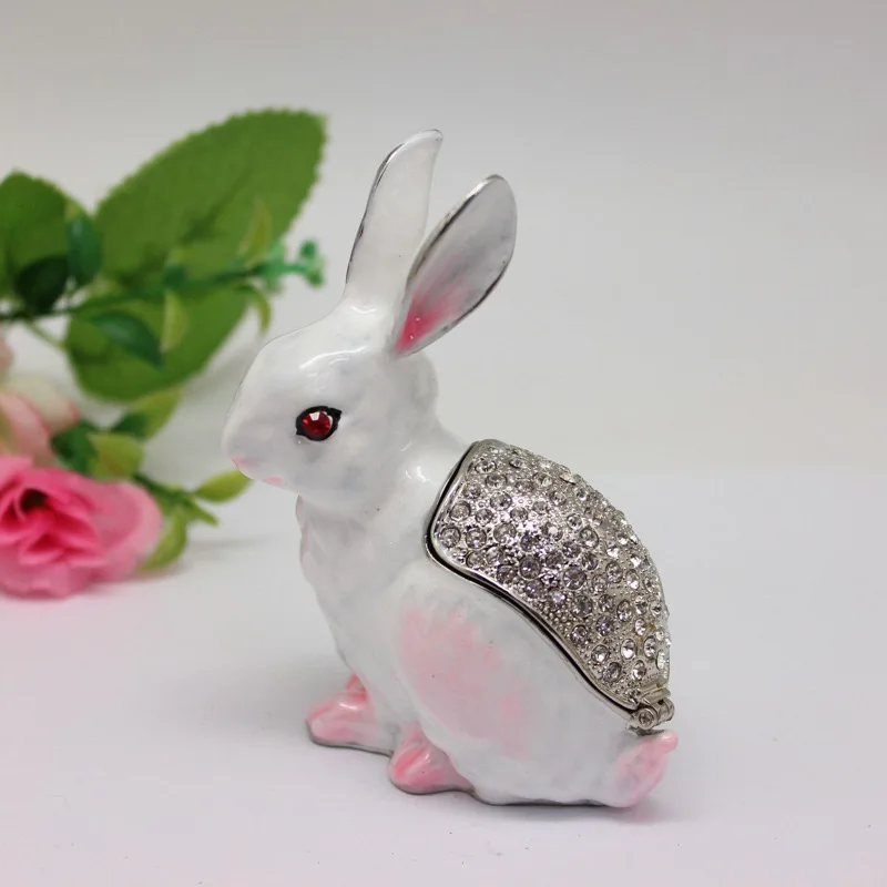 Crystals Easter Bunny Trinket Pill Box Rabbit Figurine Bejeweled Rabbit Statue Trinket Jewelry Box Rabbit & Baby Keepsake Table