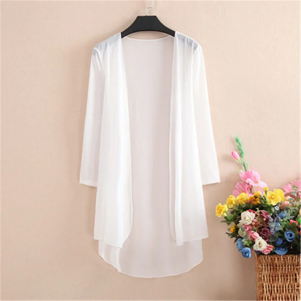 

Кардиган-кимоно Женский Летний, белая рубашка, блуза с длинным рукавом в стиле бохо в Корейском стиле, сетчатый богемный Топ, V679
