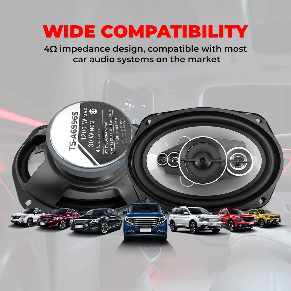 6X9 Inch 2400W 5 Way Car Audio High Fidelity Full Frequency Coaxial Speaker Tweeter Truck Vehicle Modified Woofer 2PCS 2X1200W