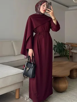 فستان طويل أنيق للنساء بأسلوب إسلامي، بلون واحد وأكمام طويلة مع أربطة، تنورة طويلة 1