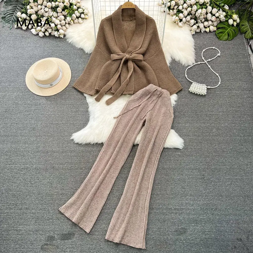 

Elegant French Women Knitted 2-piece Set Batwing Sleeve Loose Sweater Cardigan Coat+ Knitted Wide Leg Pants Autumn Winter Suits