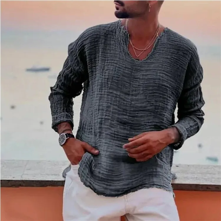 Men's Patchwork T-shirt Men Long Sleeve Fashion Ripped Cotton Tops Latest Summer Casual Linen Pullovers Sexy Mens clothing 2024 3