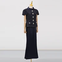 VGH Chic deux pièces ensembles pour femmes col montant manches courtes épissé poche Tweed haut taille haute jupes Maxi costume Vintage femme 5