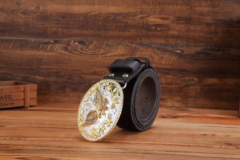 gold eagle big buckle full grain real leather 100% genuine leather hawk mens belts luxury high quality camel brown cowboys women