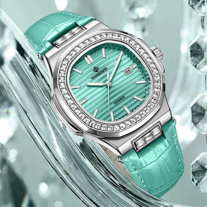 Elegant Women's Blue Leather Luminous Square Quartz Watch