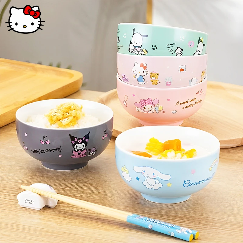 

Sanrio Hello Kitty Kuromi My Melody Cartoon Children's Tableware Kawaii Household Ceramic Heat-resistant Girls Personality Bowl