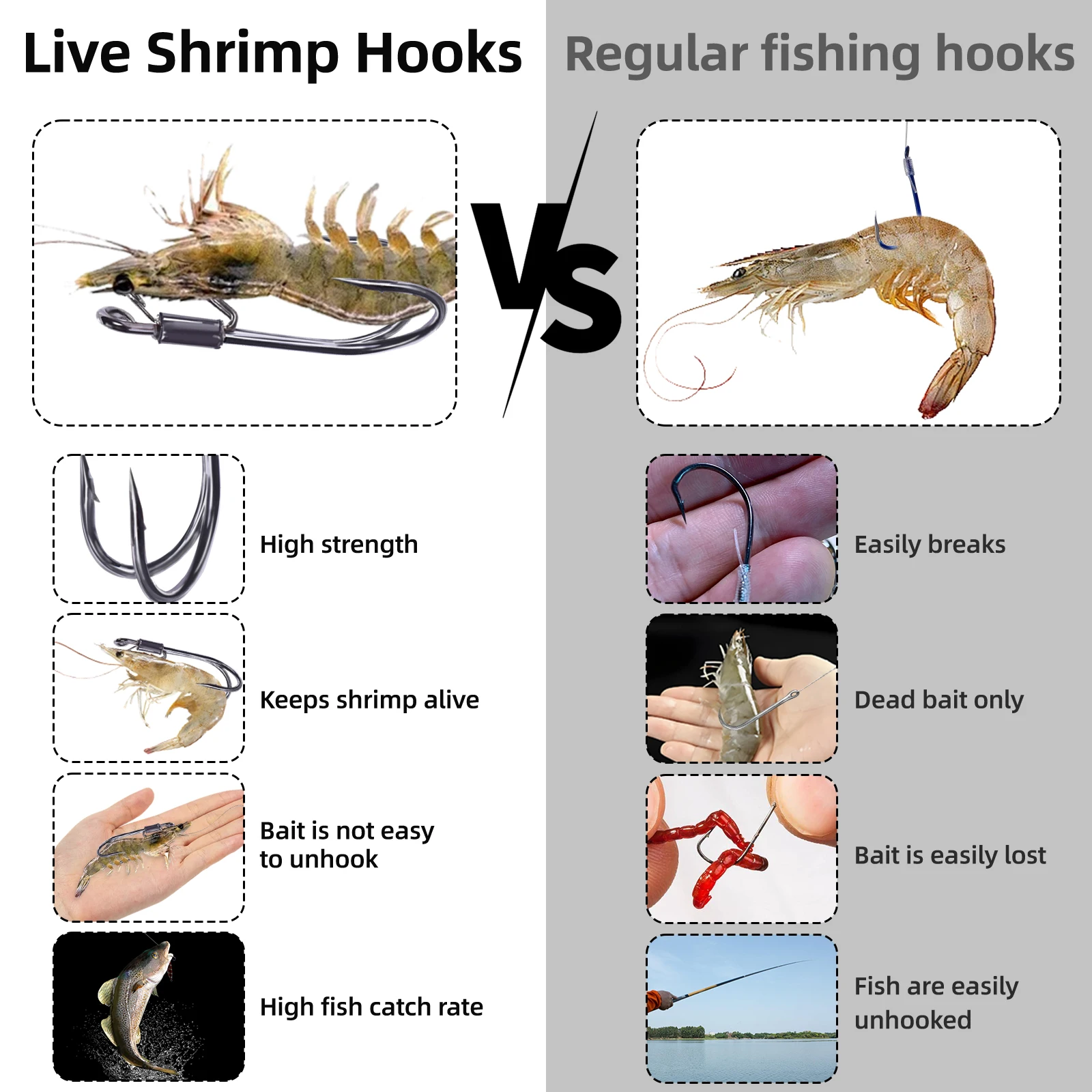 FishTrip Double Hook live Shrimp Fishing Fixed Hooks 10-15pcs