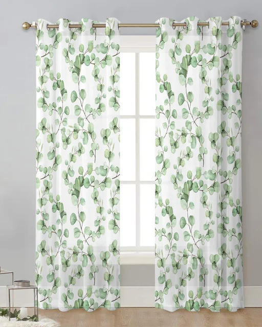 Green Leaf Eucalyptus Transparent Sheer Curtains