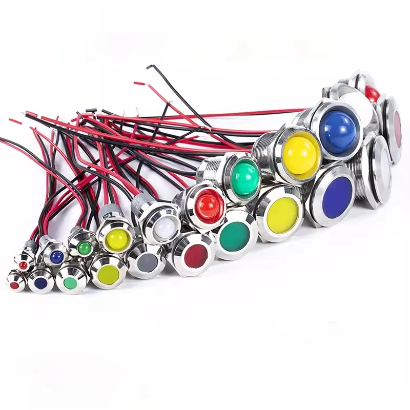 5pcs 6/8/10/12mm LED Metal Indicator light waterproof Signal lamp 3v 6V 12V 24V 220v with wire red yellow blue green white