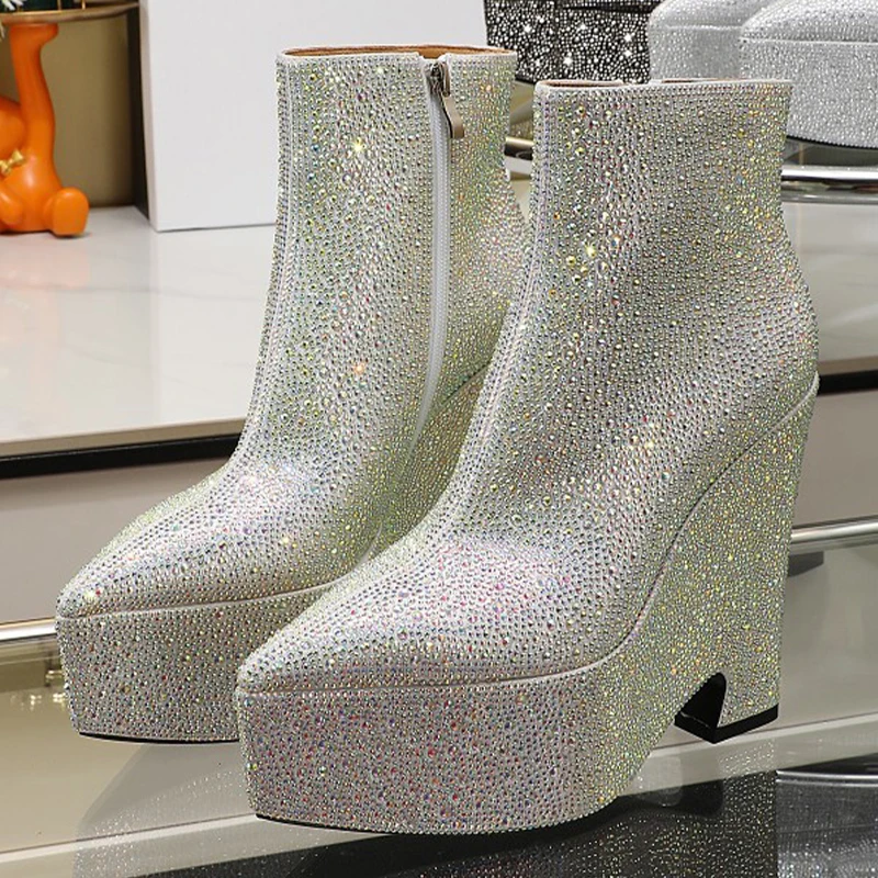 

Women Short Boots Spring Autumn Unique Rhinestone Upper Design Pointed Head Increase Shoes Fashion Eye-Catching Female Shoes