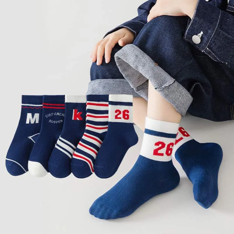 5 Pairs Kids Boys Socks Tennis Series Children Sport School Students Socks Spring Autumn Soft Cotton Toddler Mid Tube Sock