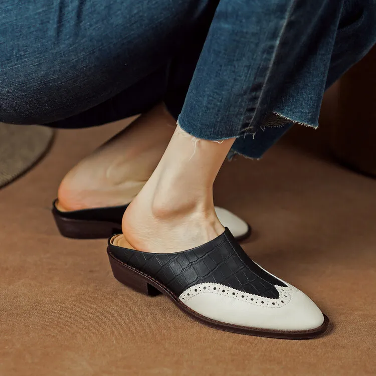 

EAGSITY Genuine Leather oxford shoes women mules shoes square heel pointed toe casual fashion ladies dress shoes brown