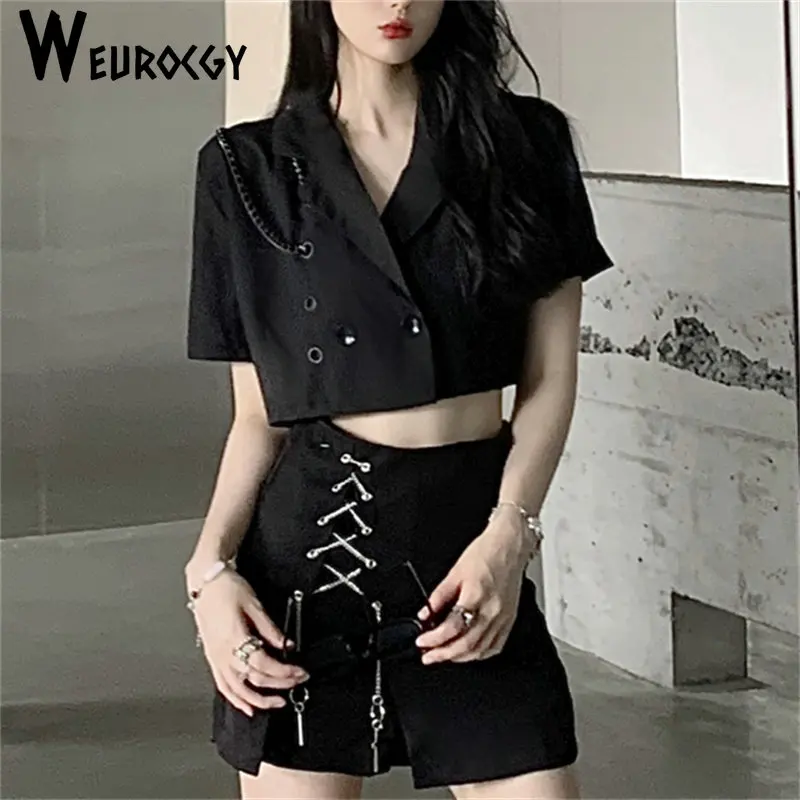 

2023 Summer y2k New Style Trend Short Sleeve V-Collar Chain Clothes Women High Elastic Waist Slim Dress Streetwear Sexy Suit