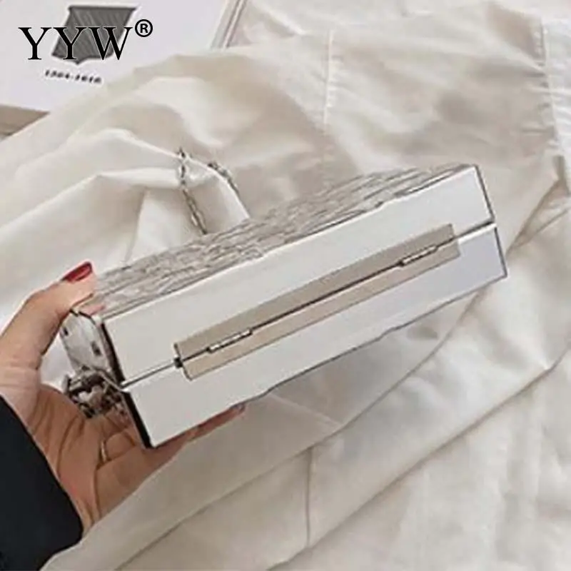 INS Creative Square Acrylic Handbag Box Women Big Pearl Top Handle Smooth Surface Messenger Bag Crossbody Metal Chain Purse Tote