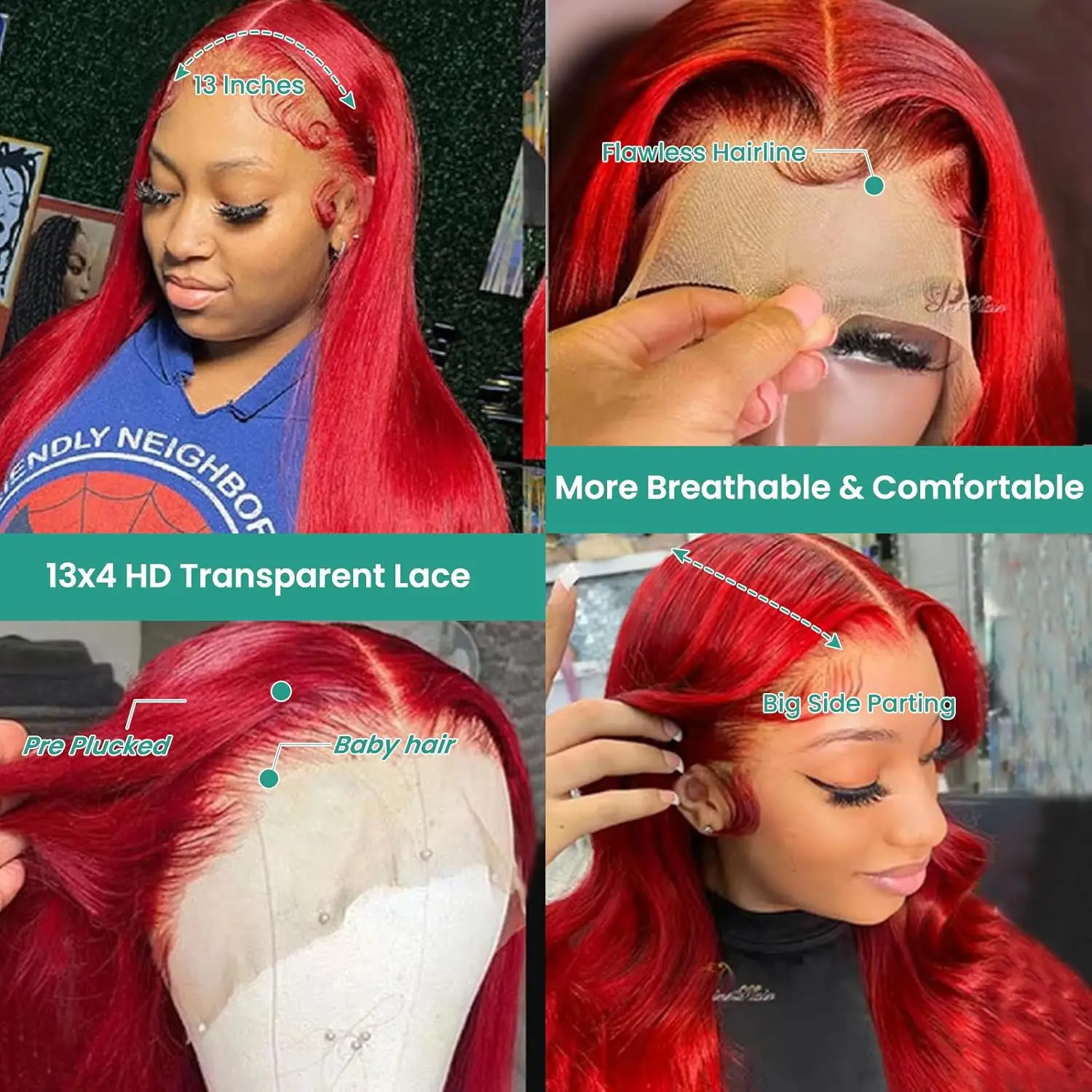 13X4 24in 200% Density Full Ends Straight HD Lace Front Wigs Human Hair Straight Red Glueless Wigs Human Hair Pre Plucked