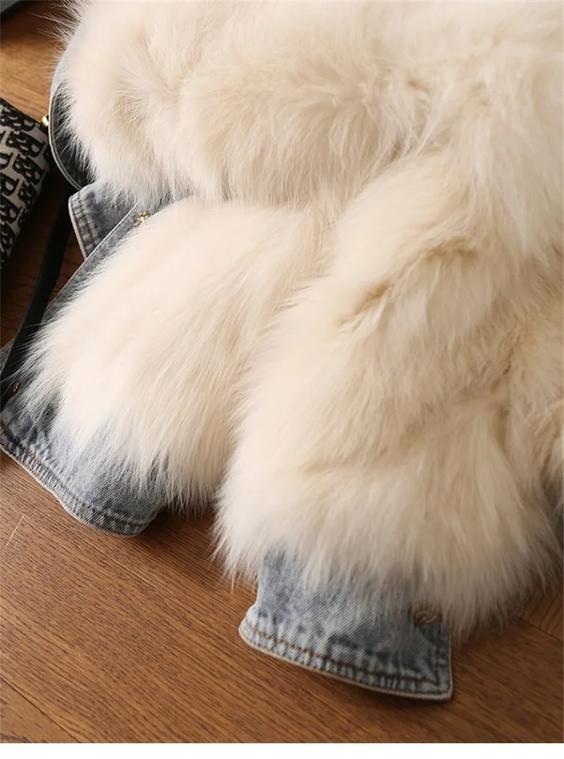2023 Autumn and Winter New Haining Winter New Fox Fur Denim Splicing Coat Thickened Korean Short Young Hairy Female Solid Color