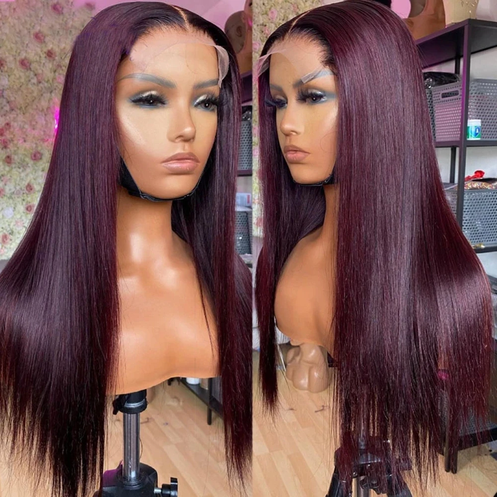 

99j Long Soft PrePlucked Burgundy 26''180%Density Glueless Straight Deep Lace Front Wigs For African Women Babyhair Daily