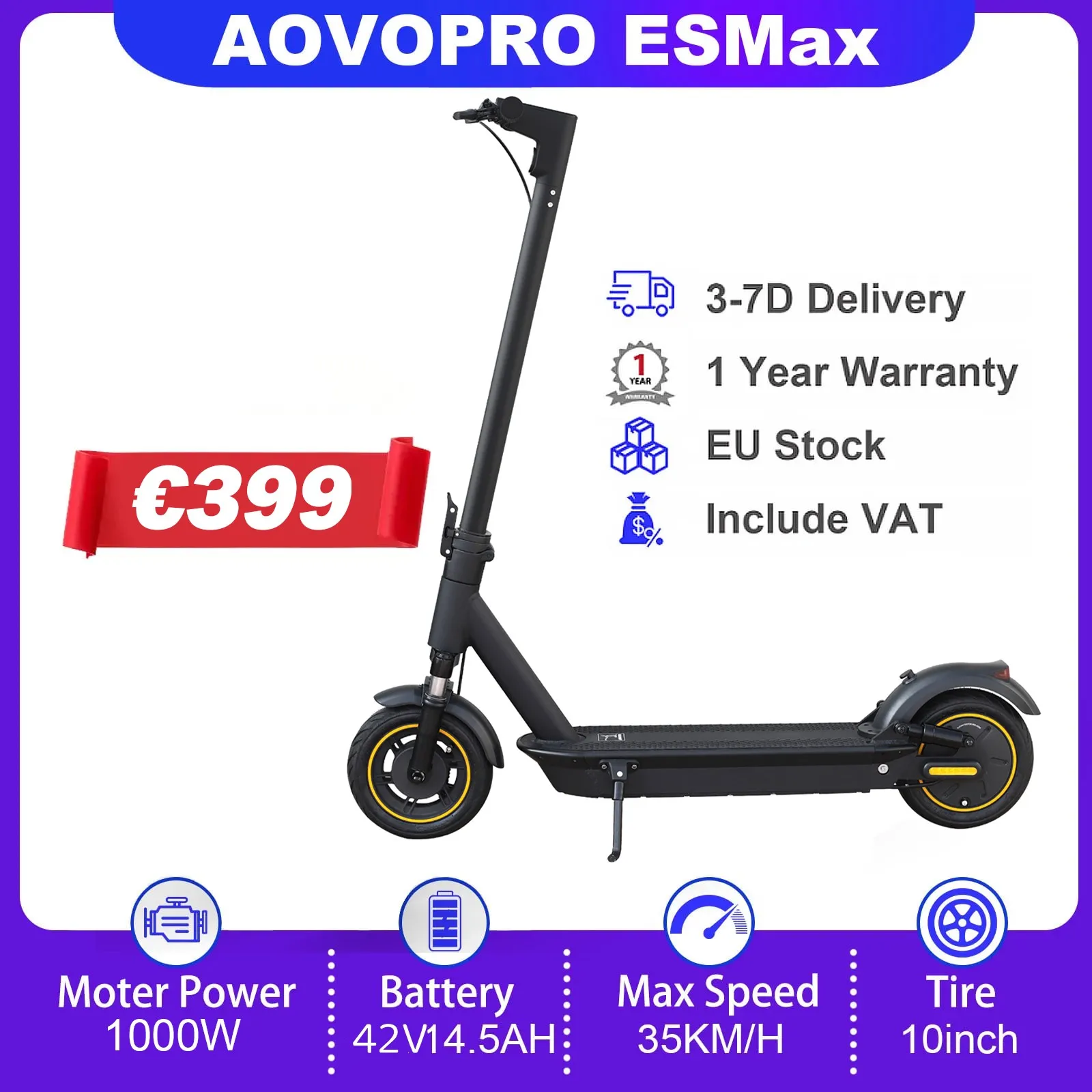 AOVOPRO-patinete eléctrico ESMax, Scooter plegable de 45KM, 35 KM/H, velocidad rápida, 1000W, potencia máxima de 10 pulgadas, neumático de aire antiperforación, 14,5 Ah