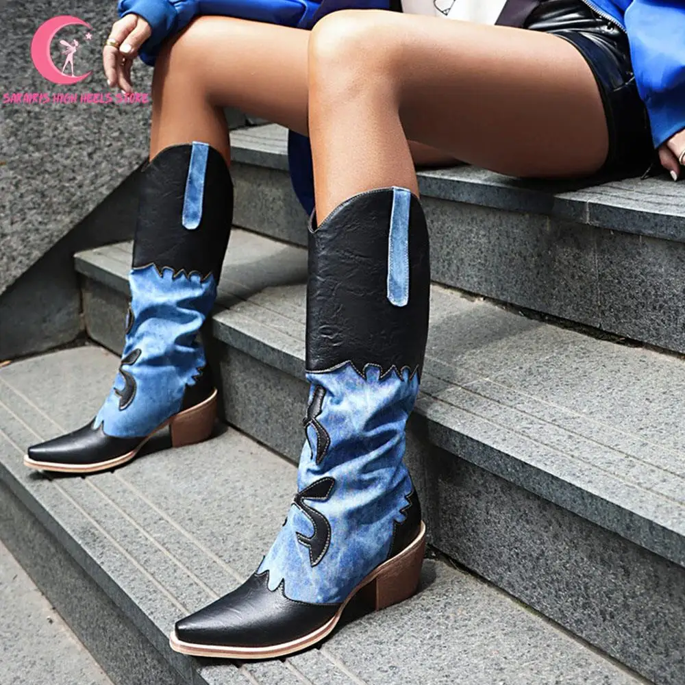 

Cowgirl Embroidery Platform Chunky Women Western Boots Brand New High Heel Vintage Pointed Shoes Women Butterfly Pattern Boots