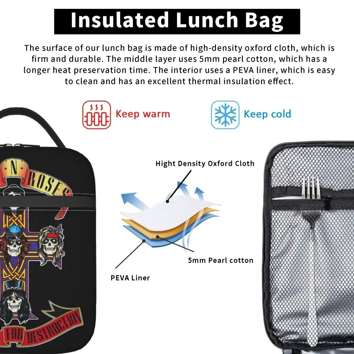 Guns N Roses Heavy Metal Accessories Insulated Lunch Bag For School Office Food Box Portable Cooler Thermal Lunch Boxes
