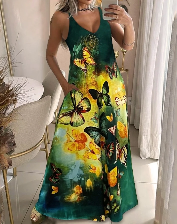 

Women Dress Colorblock Butterfly Print Pocket Design Maxi A Line Dress 2024 Summer Latest V-Neck Sleeveless Vacation Long Skirt