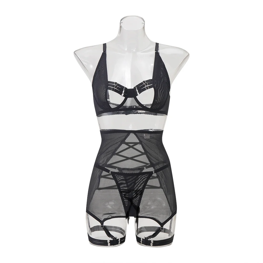 MUZISKAT Summer Sizzler new women's sexy strappy see-through mesh lingerie four-piece set