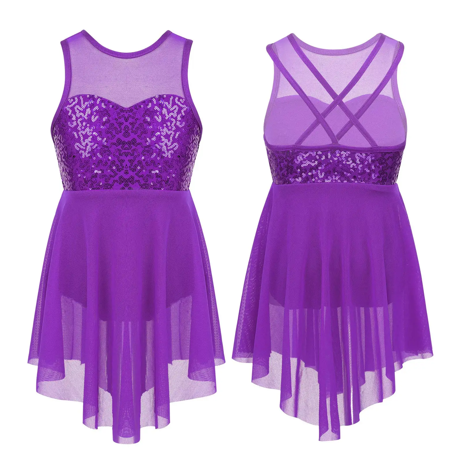 Vestido de competición de baile de ballet y patinaje artístico para niñas pequeñas, sin mangas, con lentejuelas brillantes y dobladillo irregular, con espalda hueca